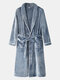 Men Flannel Warm Lapel Collar Pajamas Belted Lounge Robe - Blue