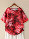 Print Patchwork Sequins Sleeve Plus Size T-shirt - Red