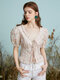 Floral Print Knotted Puff Sleeve V-neck Pleated Blouse - Pink