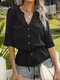 Drawstring Button Pocket Solid Color V-neck Casual Blouse For Women - Black