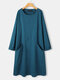 Solid Color Plain Pocket O-neck Long Sleeve Casual Dress for Women - Lake blue