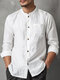 Chemises décontractées à manches longues pour hommes, col montant solide, poche poitrine - blanc