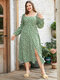 Plus Size Slit Design Square Collar Calico Dress - Green