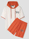 Mens Striped Letter Print Street Loose Hooded Two Pieces Outfits - Orange