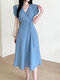 Solid Tulip Ärmel V-Ausschnitt Midi Kleid Mit Gürtel - Blau