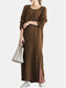 Solid Color Slit Hem Long Sleeves Casual Dresses for Women - Brown
