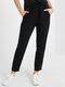 Solid Color Drawstring Pocket Long Casual Pants for Women - Black