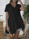 Solid Color V-neck Overhead Short Sleeve Irregular Cotton T-Shirt - Black