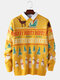 Mens Allover Christmas Element Pattern Rib-Knit Crew Neck Pullover Sweaters - Yellow