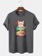 Mens Japanese Noodle Cat Print 100% Cotton Casual Short Sleeve T-Shirts - Dark Gray