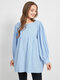Solid Color Back Button Up Puff Sleeve Round Neck Blouse - Blue