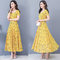 Ladies Temperament Round Neck Was Thin Short-sleeved Long Floral Dress - Yellow