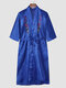 Men Floral Embroidered Chinese Style Belted Half Sleeve Calf Length Soft Robes - Blue