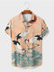 Mens Chinese Crane Print Lapel Button Up Short Sleeve Shirts Winter - Orange