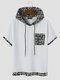 Camisetas con capucha de manga corta con textura de empalme con estampado geométrico monocromático para hombre - Blanco