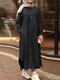 Lässige, einfarbige seitliche Schlitztaschen Langarm Kleid - Schwarz