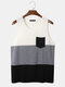 Mens Tricolor Splicing Sleeveless Preppy Tank Top With Chest Pocket - White