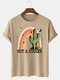 Mens Cactus Slogan Print Crew Neck Short Sleeve T-Shirts Winter - Khaki