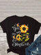 Sunflowers Letter Print Short Sleeve Plus Size T-shirt - Black