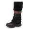 LOSTISY Large Size Rhinestone Slip On Mid Calf Warm Knight Boots - Black