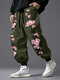 Mens Japanese Cherry Blossoms Print Loose Drawstring Waist Pants - Army Green