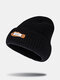 Unisex Knitted Solid Color Letter Pattern Irregular Patch Brimless Flanging Outdoor Warmth Beanie Hat - Black