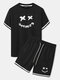 Mens Letter Smile Face Print Striped Trims Two Pieces Outfits - Black