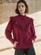 Lace Ruffle Button Front Solid Long Sleeve Blouse - Wine Red