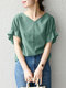 Einfarbige Bluse mit Rüschenärmeln und V-Ausschnitt für Damen - Grün