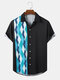 Mens Argyle Print Lapel Button Up Casual Short Sleeve Shirts - Black