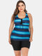 Plus Size Women Tankini Front Bandage Stripe Gradient Cover Belly Swimwear - Blue