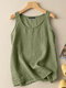 Solid Round Neck Sleeveless Casual Cotton Tank Top - Green