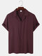 Mens Solid Color Revere Collar Casual Short Sleeve Shirts - Wine Red