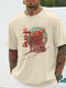 Mens Japanese Warrior Landscape Print Crew Neck Short Sleeve T-Shirts - Apricot