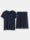 Men Plain Short Sleeve Pajamas Set Two Pieces Casual Loungewear - Blue