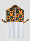 Mens Colorful Geometric Print Patchwork Ethnic Short Sleeve Henley Shirts - White