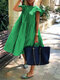 Women Solid Layered Design Ruffle Sleeve Cotton Dress - Green