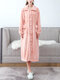 Women Flannel Solid Lapel Front Button Long Sleeve Thicken Warm Robes With Pockets - Pink