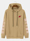 Mens Rose Chinese Character Sleeve Print Pouch Pocket Casual Drawstring Hoodies - Khaki