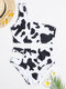 Women Cute Cow Pattern One Shoulder Cut Out High Waisted Bikinis Swimwear - White