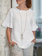 Blusa feminina sólida com gola redonda de algodão casual com babados - Branco