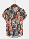 Mens Halloween Allover Funny Cat Print Casual Loose Fit Short Sleeve Shirts - Black
