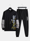 Mens Letter Print Sleeve Stitching Sweatshirt Street Two Pieces Outfits - Black