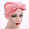 Women Satin Solid Color Big Bowknot Muslim Beanie Hat Four Seasons Suitable Casual Turban Cap - Dark Pink