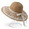 Women Foldable Lace Bow Sunscreen Bucket Straw Hat Outdoor Casual Travel Beach Sea Hat - Light Coffe