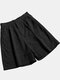 Pantalones cortos casuales de algodón con botones en la cintura elástica con bolsillo fruncido sólido - Negro