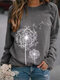 Women Printed Round Neck Long Sleeve Casual Loose Shirt Tops - Grey
