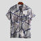 Mens Animal Printing Patchwork Chest Pocket Turn Down Collar Short Sleeve Shirts - Black