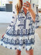Ethnic Print Long Sleeve V-neck Loose Dress For Women - Blue