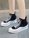 Women Casual Fashion Back-zip & Lace-up Comfortable Platform High Top Canvas Shoes - Black